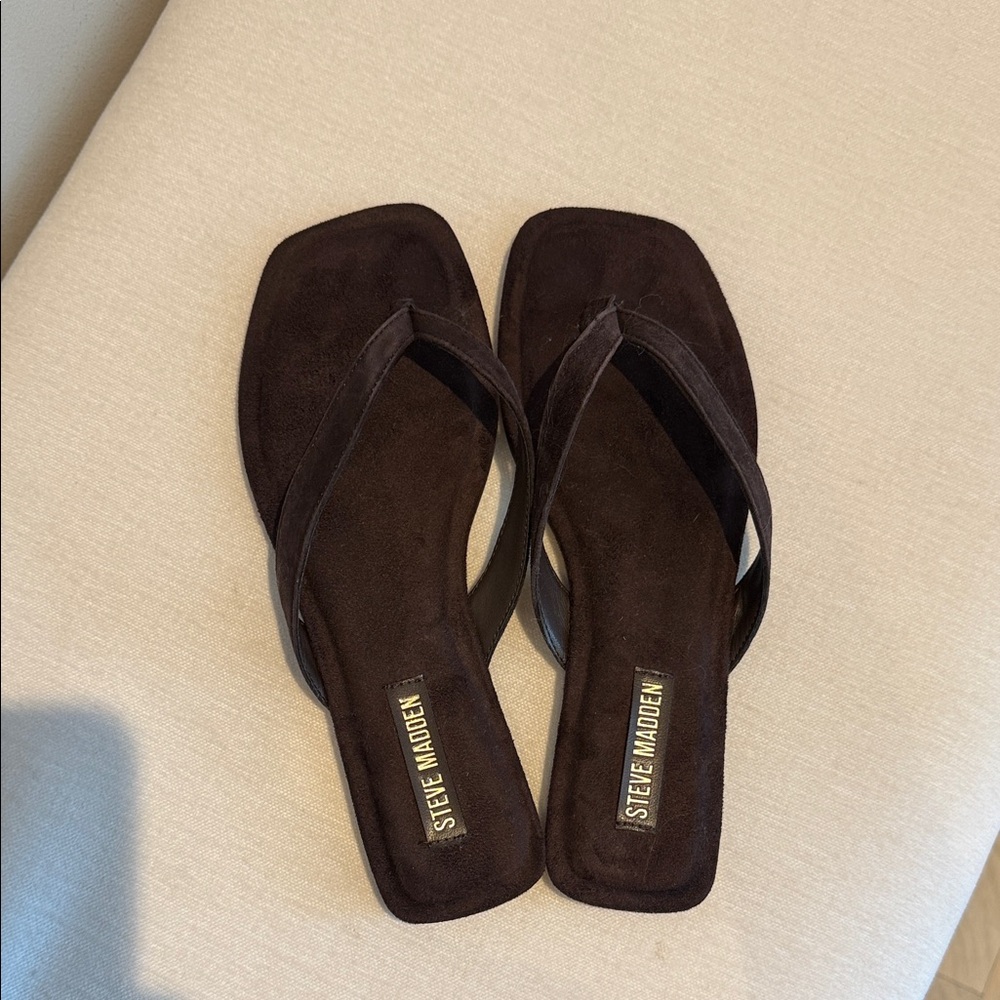 Steve Madden Dark Brown Suede Square-Toe Thong Sandals